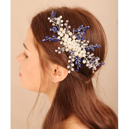 Xerling Blue Crystal Hair Side Comb for Wedding Rhinestones Pearl Hair Accessories for Brides Bridal Vintage Hair Comb Headpiece for Women (Blue)
