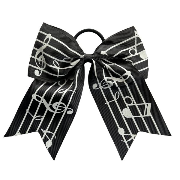 NEW "GLITTERY MUSIC NOTES" Cheer Bow Pony Tail 7 Inch Girls Band Chorus Orchestra Choir Concert Hair Cheerleading Game Team Sports Competitions Grosgrain Ribbon