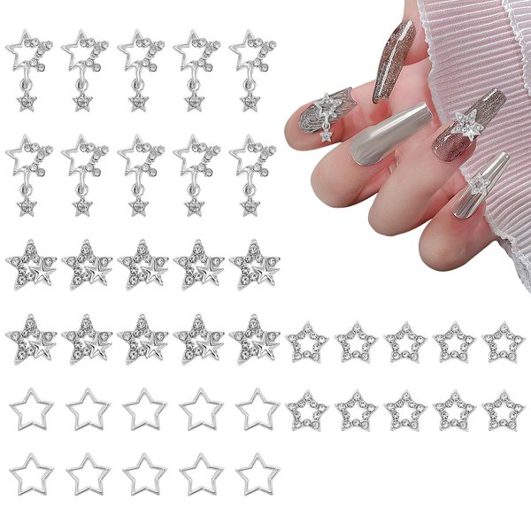 40 Pcs Star Nail Charms Silver Star Charms Y2k Nail Charms 3D Star Gems for Nails DIY Crafts Jewelry Decoration Nail Supplies (4 Styles)