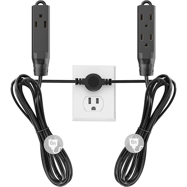 Extension Cord Indoor, Twin Extension Cord Power Bar - 12 Feet Cord - 6 Feet On Each Side with 6 Polarized Outlets, 16AWG 3 Prong Grounded Wire
