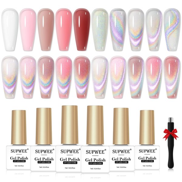 SUPWEE Cat Eye Gel Nail Polish Set with Magnetic, 5 Colors Translucent Nude Pink White Jelly Gel Nail Polish with Universal Rainbow Cat Eye Gel, Glitter Holographic Nail Polish Gel Home DIY Manicure