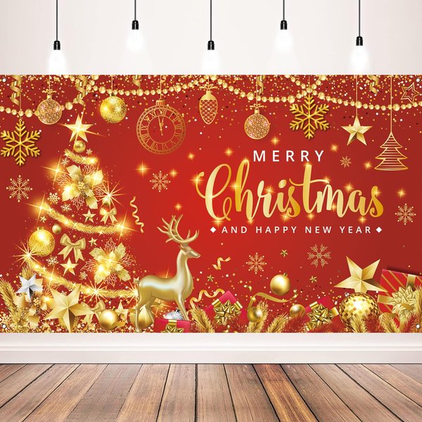 Christmas Party Decorations Christmas and Happy New Year Banner for Xmas New Years Eve Party Supplies, 71x43inch (Red Gold)