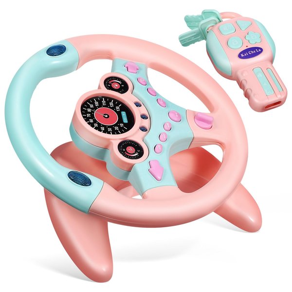 Kids Steering Wheel for Backseat with Car Key, Simulated Driving Steering Wheel Toy with Light and Music Toddlers Pretend Play Toy for Baby Children