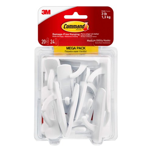 Command Medium Utility Hooks, Damage Free Hanging Wall Hooks with Adhesive Strips, No Tools Wall Hooks for Hanging Organizational Items in Living Spaces, 20 White Hooks and 24 Command Strips (1 Pack)