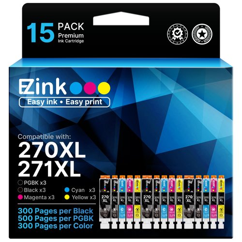 E-Z Ink Compatible Ink Cartridge Replacement for Canon PGI-270XL CLI-271XL PGI 270 XL CLI 271 XL to use with MG6821 TS5020 TS9020 (3 Large Black,3 Small Black,3 Cyan,3 Magenta,3 Yellow) 15 Pack