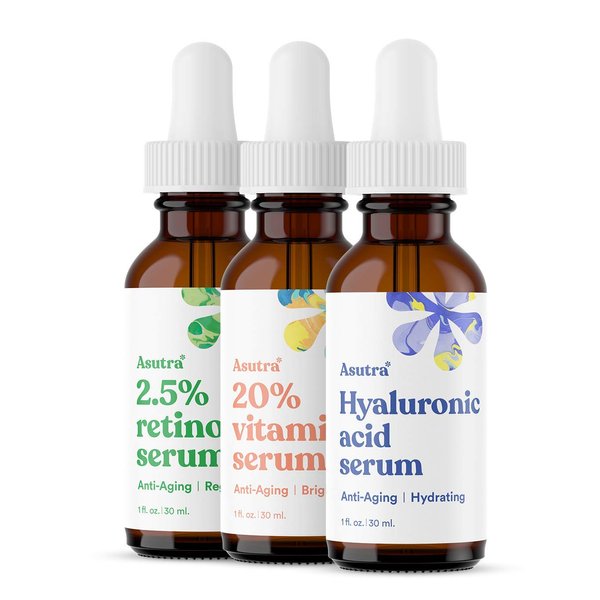 ASUTRA Serum Variety Set (3pk) | Includes 20% Vitamin C + 2.5% Retinol + Hyaluronic Acid Serums
