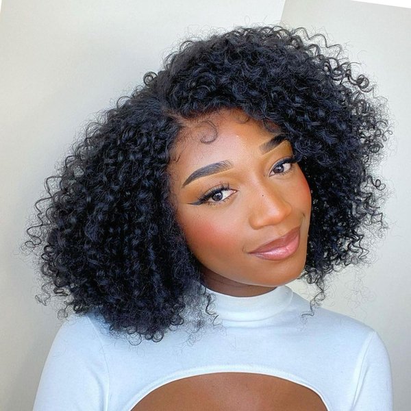 Fancy Hair Human Hair Lace Front Wigs Kinky Curly Wig Glueless Side Part Brazilian Virgin Human Hair Curly Bob Wigs with Baby Hair for Black Women (Natural Color,12 Inch)