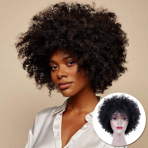 MIMAN Short Afro Wigs for Black Women Human Hair Wig Natural Black Kinky Curly Wigs Hair Replacement Wigs 60s 70s Disco Queens Halloween Costume Cosplay Wig