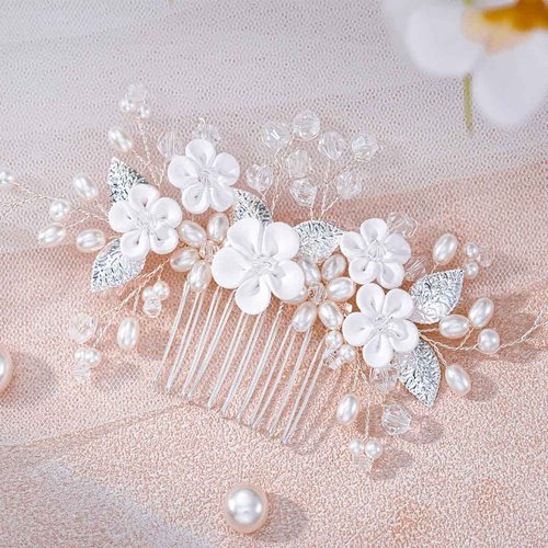 Foyte Crystal Wedding Hair Comb White Flower Headpiece Rhinestone Hair Piece Bride Pearl Hair Accessories for Women and Girls (silver)