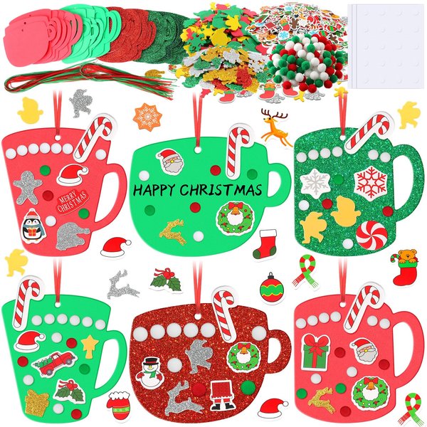 Syhood 725 Pcs Christmas Hot Cocoa Ornaments Craft Kit Foam Stickers Cafe Cup Mug Shape Glitter Stickers Christmas Craft Kits for Kids Xmas Holiday Party Supplies