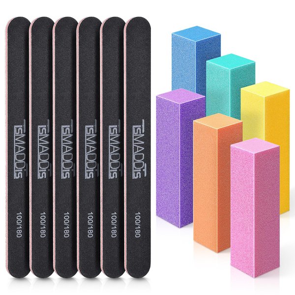 TsMADDTs Nail Files and Buffer, Professional Manicure Tools Kit Rectangular Art Care Buffer Block Tools 100/180 Grit 12Pcs/Pa(Black)