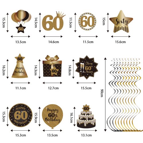 Happy 60th Birthday Party Hanging Swirls Streams Ceiling Decorations, Celebration 60 Foil Hanging Swirls with Cutouts for 60 Years Old Black and Gold Birthday Party Decorations Supplies