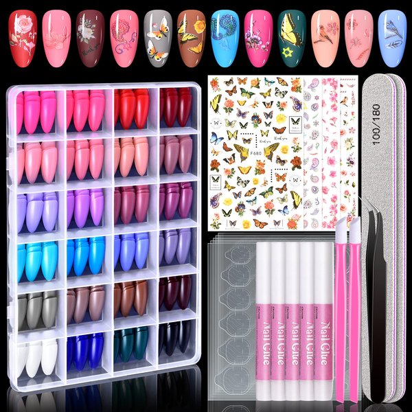 TsMADDTs Press On Nails Almond, 24 Colors Short Almond Fake Nails Press on Nails Medium Length with Nail Glues, Nail Tabs, Stickers & Tweezer for Nail Art DIY
