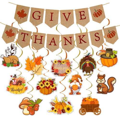 Thanksgiving Decorations, Give Thanks Banner, Thanksgiving Banner Party Decorations with 12pcs Hanging Swirls, Fall Banner with Turkey Decorations for Home Outdoor Indoor Office Classroom, Fall