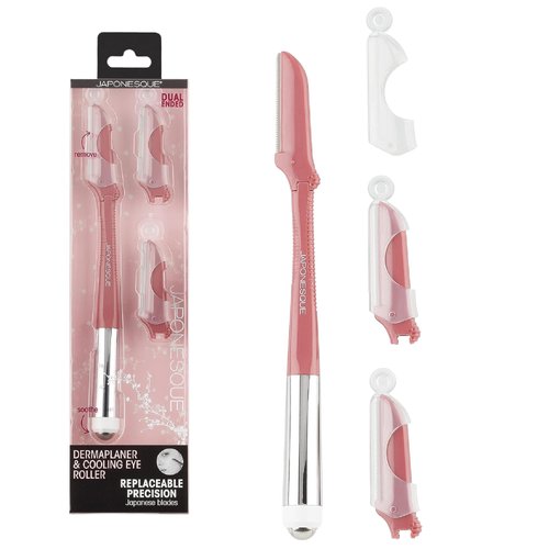 JAPONESQUE Dermaplaner and Cooling Eye Roller - Dual Ended Dermaplaning Facial Razor with Soothing Roller Ball Massager- Tool for Exfoliation, Hair Removal, Face Massage