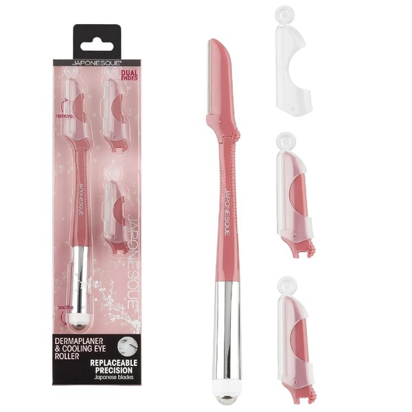JAPONESQUE Dermaplaner and Cooling Eye Roller - Dual Ended Dermaplaning Facial Razor with Soothing Roller Ball Massager- Tool for Exfoliation, Hair Removal, Face Massage