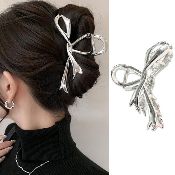 Metal Silver Hair Clips Claw for Women for Thick Hair French Hair Barrettes for Hair Styling Hair Clips Claw Ribbon Bow Design Hair Accessories Non-slip Hair Decorations Thanksgiving Gifts 1Pcs