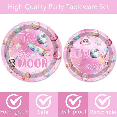 51 Pcs Outer Space Girls 2nd Birthday Party Supplies Two The Moon Birthday Decorations Tableware Includes Table Cloth, Plates, Napkins, Forks for Pink Space Two Years Old Birthday Party Decorations