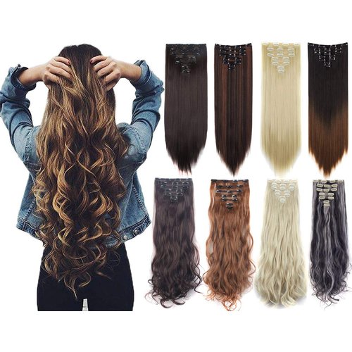 Lelinta 7Pcs 23" Thick Straight Full Head Clip in on Double Weft Hair Extensions Dark Brown To Bleach Blonde