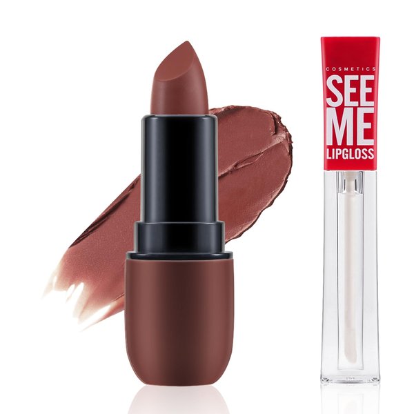 Apooliy 2Pcs Lipstick and Lip Gloss,Highly Pigmented Matte Lipstick,Hydrating Lip Gloss Clear,Moisturizing Lip Care,Non-Sticky