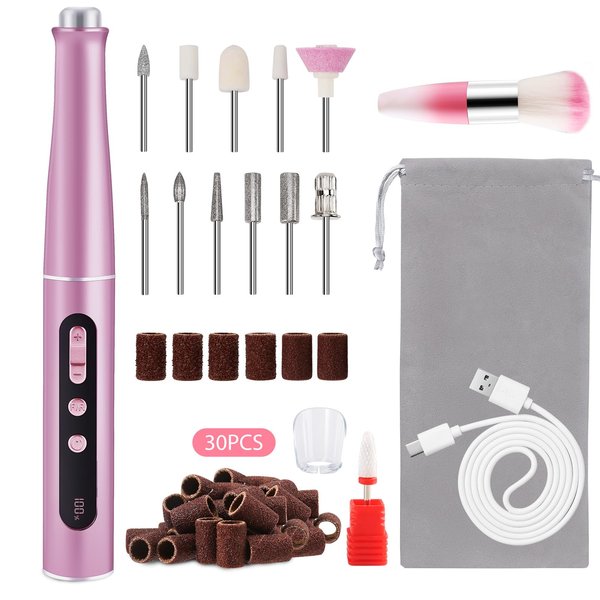 Electric Nail File, LveSunny 12 in 1 Professional Cordless Nail Drill Buffer Machine for Natural Acrylic Gel Nails, Digital Display, 5-Speed F/R, USB Portable Efile, 20000 RPM Electric Nail Care Kit