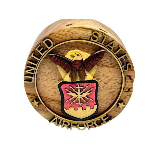 Air Force Wooden Puzzle Box - Hand Carved with Secret Compartment - All Natural Intarsia Wood Art