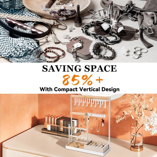 DreamGenius Jewelry Organizer Stand with Velvet Ring Holder, 4 Tier Jewelry Holder Organizer with 15 Hooks Necklace Organizer and Bracket Holder, Jewelry Stand with 16 Holes for Earring Holder, White