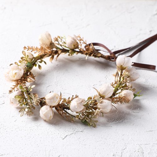KorViSHOW Golden Leaf Flower Crown - Fairy Floral Headpiece White Rose Flower Headband Renaissance Hair Accessories for Women Girls Wedding Vacation Party Festival