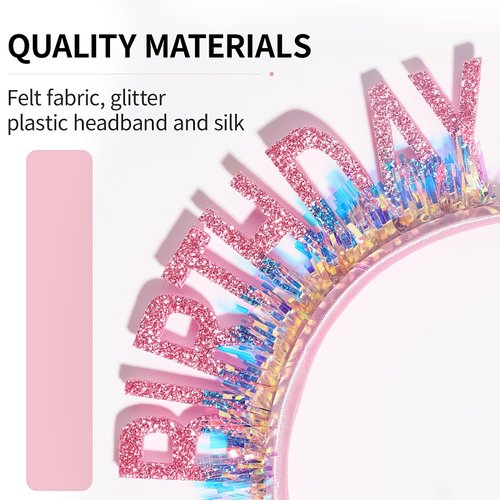 Doneace Birthday Girl Headband Glitter Pink Tassel Tiara Happy Birthday Crown Hairband for Women Girls Kids, 'Happy Birthday' Headpiece for Party Favors Hair Accessories Decorations 1Pcs Pink
