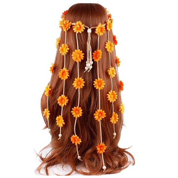 Sunflower Headband Flower Daisy Hippie Indian Boho Hair Bands Tassel Bohemian Floral Beads Halloween Hair Hoop Women Crown Hairband Party Decoration Cosplay Costume Headpiece Hair Accessories Orange
