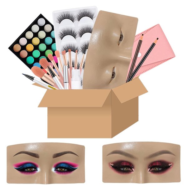 Makeup Practice Face Board, Resusable 3D Makeup Mannequin Face, Eyes Makeup Practice Face with Makeup Kit for Makeup Student and Beginner to Practice Eyeshadow Eyeliner Eyebrow Makeup & Lash Extension