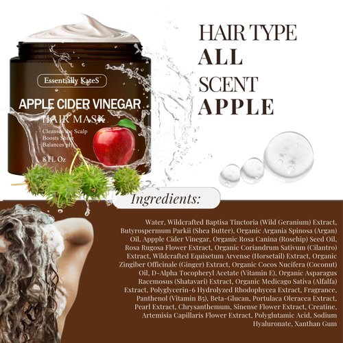 Essentially KateS Apple Cider Vinegar Hair Mask 8 Fl Oz - Support Smoothness, Strength, & Shine - Fight Itchy Scalp and Soften Strands - Deep Hydration