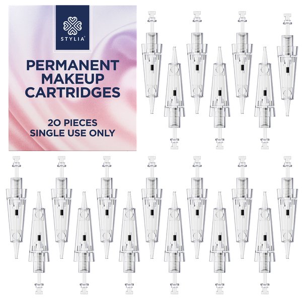 Stylia 20 Piece Permanent Makeup Cartridges for Microshading, Lip Lining, Detailing, Eyeliner & Eyebrows - Clear, Sharp, Disposable & Easy to Install - 1RL For Lining & Shading