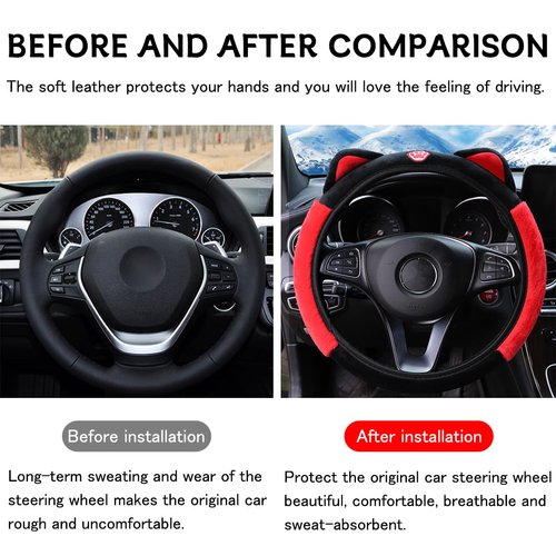 Bittwee Car Steering Wheel Cover, Fluffy Soft Plush for Winter Warm, Cute Steering Wheel Protector with Kitty Cat Ears, Universal 15 Inch, Elastic & Anti-Slip, Lovely Decor Car Accessories (Black/Red)