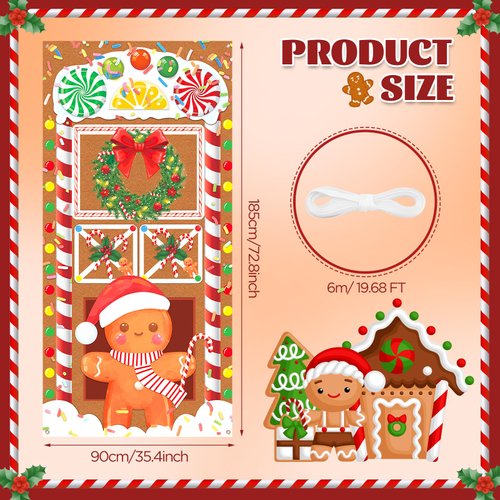 Christmas Door Cover Christmas Gingerbread Man Front Door Decorations Banner Christmas Wreath Gingerbread House Peppermint Candy Cane Door Cover Banner for Xmas New Year Holiday Candy Party Supplies