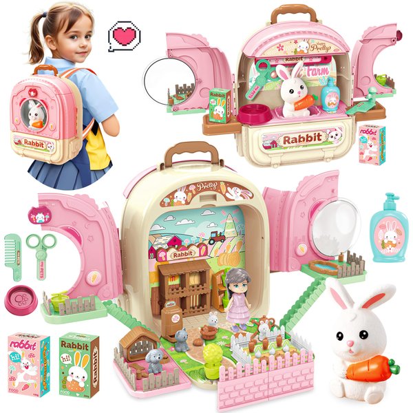 SMILESSKIDDO Pet Carrier Backpack Toy, 3 in 1 Pet Care Playset, Pretend Play Pet Care Accessories & Hair Dryer Toy, Rabbit Role Play Set for Girls Ages 3+