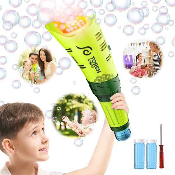 Toy for Ages 3+ Boys Birthday Gift, Bubble Machine Torch Bubble Wands for Kids Automatic Bubble Maker Machine Battery Operated, 21-Hole Handheld Bubble Blower with Light, Perfect for Outdoor(Green)
