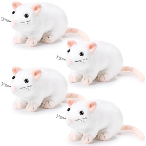 Kasyat 4 Pcs Fake Rat Stuffed Animals 7 Inch Fake Mouse Plush Toys Soft Cuddly Stuffed Mouse Realistic Rat Plushies for Christmas Costume Accessories Birthday Party Favors Prank Props(White)