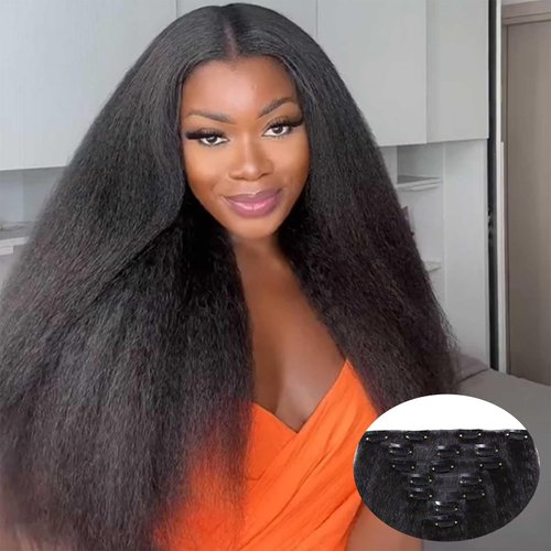Yargel Hair 26 Inch Kinky Straight Clip in Hair Extensions for Black Women Full Head Yaki Straight Seamless Clip ins Synthetic Hair Pieces(1 pack)