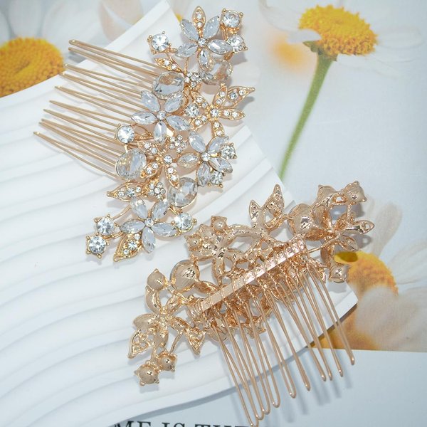 Crystal Wedding Flower Hair Comb Silver Bridal Side Hair Combs Rhinestone Leaf Headpiece Handmade Diamond Hairpiece Bride Hair Accessories for Women (Gold)
