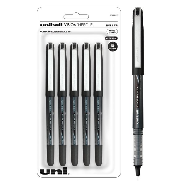 Uniball Vision Needle Rollerball Pens, Black Pens Pack of 5, Micro Pens with 0.5mm Ink, Ink Black Pen, Pens Fine Point Smooth Writing Pens, Bulk Pens, and Office Supplies