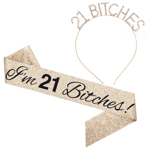 "I'm 21 Bitches!" Sash & Rhinestone Headband Set - 21st Birthday Gifts Birthday Sash for Women Birthday Party Supplies (Gold Glitter/Black)