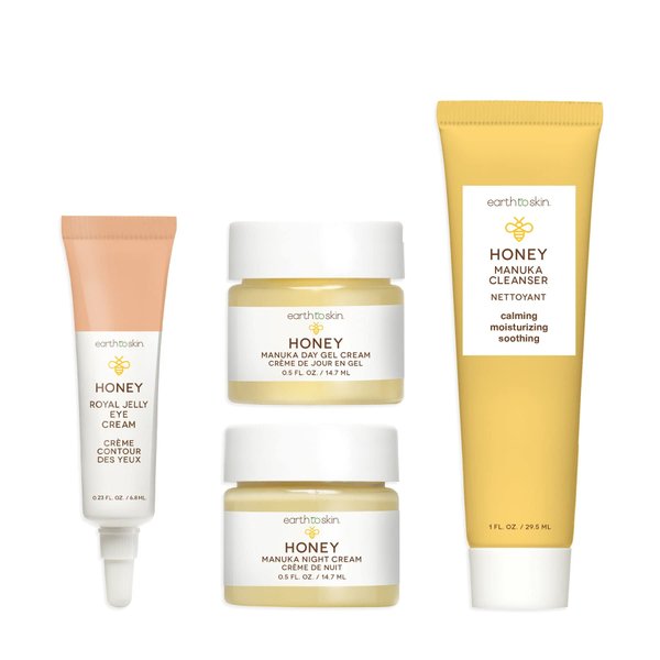 Earth To Skin Facial Care Starter Set: Manuka Honey Cleanser (1.0 Fl Oz), Day Gel Cream (0.5 Fl Oz), Night Cream (0.5 Fl Oz), and Royel Jelly Eye Cream (0.23 Fl Oz)