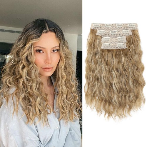 REECHO Clip in Hair Extensions, 4PCS Hair Extensions 14" Short Wavy Hair Extensions Invisible Lace Weft Natural Soft Hairpieces for Women – Golden Blonde with Highlights