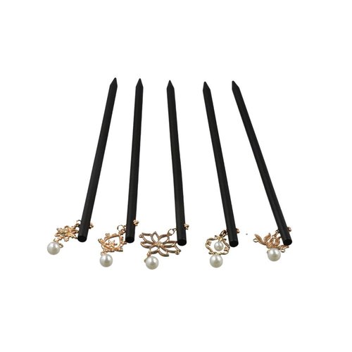 Pokinge 5pcs Wooden Hair Sticks with Tassel,Chinese Style Hanfu Pearl Flower Hairpin,Black Simple Hair Fork For Girls,Elegant Women Hair Clip (7 inch)