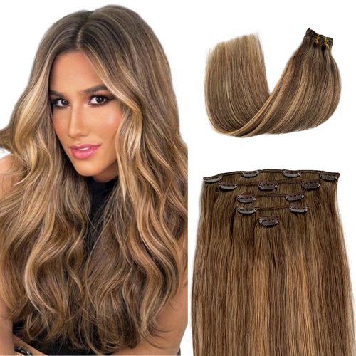 Balayage Hair Extensions Clip in Human Hair Blonde Highlighted Clip in Extensions Real Human Hair Brown and Caramel Blonde Highlight Invisible Clip in Hair Extensions with Full Ends 15 Inch 70G 5PCS