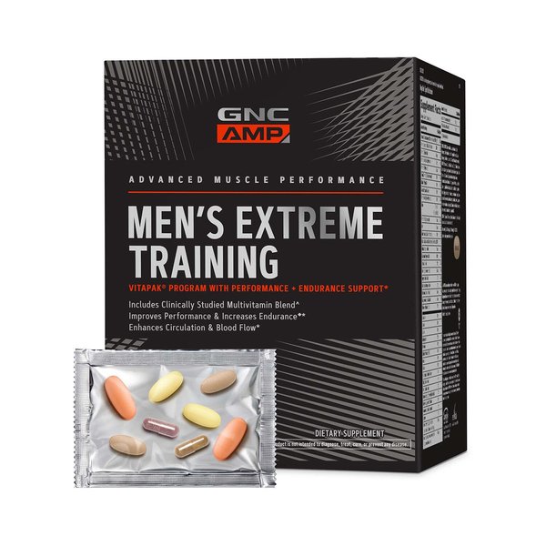 GNC AMP Men’s Extreme Training Vitapak Program, 5 Products in 1, Convenient Vitamin Pack for Performance & Endurance, Adult Multivitamin, Proven Ingredients, Caffeine, Nitric Oxide, 30 Day Supply