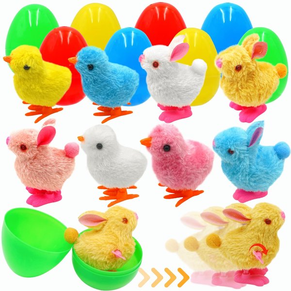 Govetom 8 PCS Jumbo Easter Eggs Filled with Wind Up Chicks & Plush Bunny Easter Basket Stuffers for Toddler Teens Boys Girls Easter Egg Hunt Filling Treats Easter Basket Stuffers Easter Party Favor