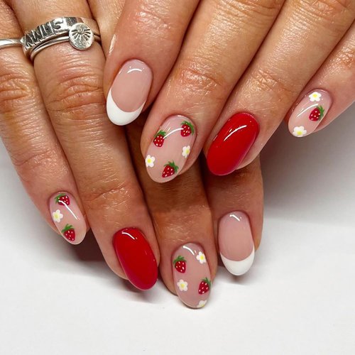 24Pcs French Tip Press on Nails Medium Almond Fake Nails Cute False Nails with Flower Strawberry Designs Full Nail Tips Natural Reusable Stick on Nails Full Cover Glue on Nails for Women Girls