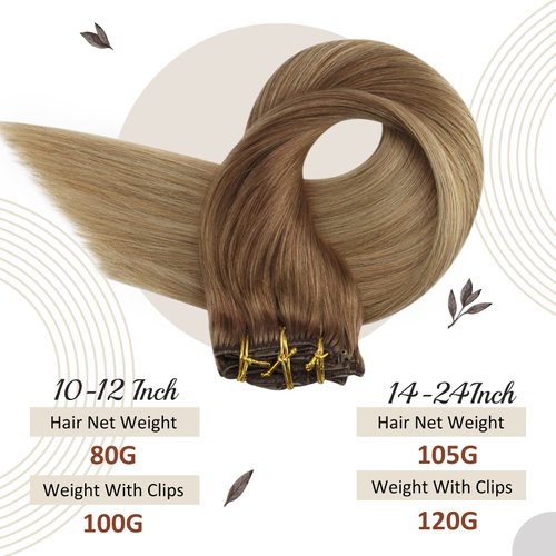 Full Shine Balayage Clip in Hair Extension Human Hair Color 10 Golden Brown Fading to 14 Brown And Blonde Remy Clip in Extensions Silky Straight Natural Extensions for Women 120 Gram 7 Pcs 18 Inch